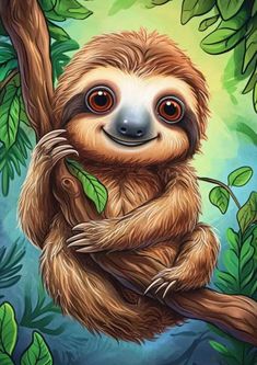 a painting of a sloth hanging on a tree branch with leaves around it's neck