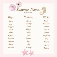 a pink and white sign that says summer names with two seahorses on it