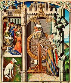 an illustration of people and animals in front of a wheel