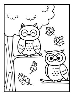 an owl sitting on a tree branch in the fall with leaves around it, and another owl