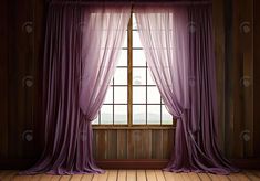 an empty room with purple curtains and wood flooring, looking out the window to the outside