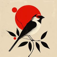 a black and white bird sitting on top of a leafy branch with a red sun in the background