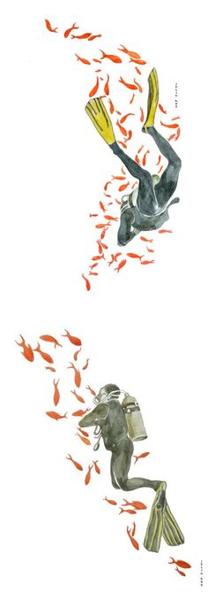 an image of two fish swimming in the water with goldfish around them on a white background