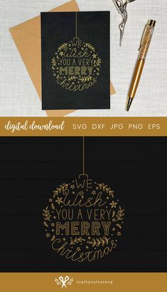 two christmas cards with gold foil lettering on them and a pen next to the card