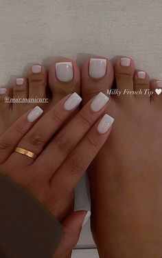 Short French Tip Pedicure, Short Square Manicure Nails, Milk White Nails With French Tip, Milk White Manicure, Milky White French Pedicure, Short Classy Nail Ideas, Matching French Manicure And Pedicure, Milky White Tips, Pedi And Mani Ideas Color Combos