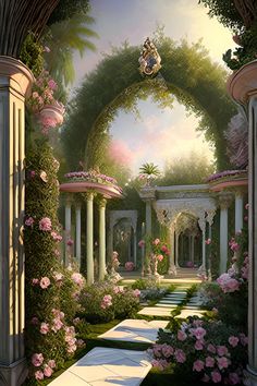 an artistic painting of a garden with pink flowers and greenery on either side of the archway