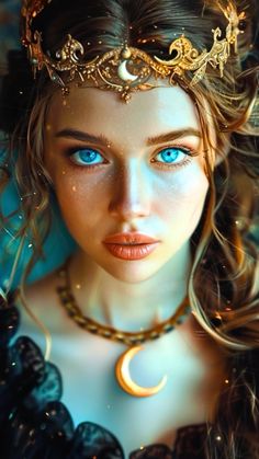 a beautiful woman with blue eyes wearing a gold necklace and headdress on her head