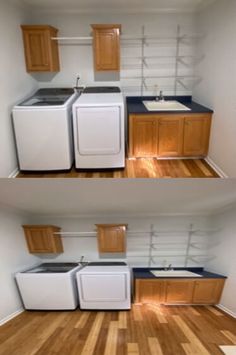 two pictures of the same kitchen with wood floors and white appliances in each one photo