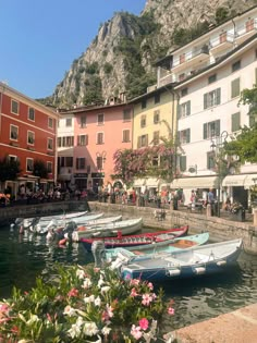 several boats are docked in the water near buildings and flowers on either side of them