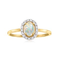 Ross-Simons - Opal Ring with Diamond Accents in 10kt Yellow Gold. Size 7. Canaria fine jewelry. Perfect for everyday wear, these genuine 10kt gold wardrobe essentials are fashionable, fun and designed to last a lifetime. Strong and durable, our collection of gold classics is always a great value. This kaleidoscopic ring features a shimmery 6x4mm oval opal cabochon framed by sparkling diamond accents. Crafted in polished 10kt yellow gold. 3/8" wide. Opal ring. Opal birthstones are the perfect gif Gold Wardrobe, October Birthdays, Opal Birthstone, Bezel Engagement Ring, Ring Opal, Perfect Gif, Engagement Rings Opal, Yellow Gold Jewelry, Ring With Diamond