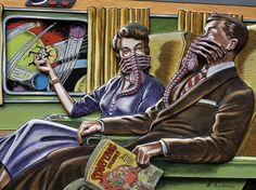 a painting of two people sitting next to each other on a train with newspaper in their hands