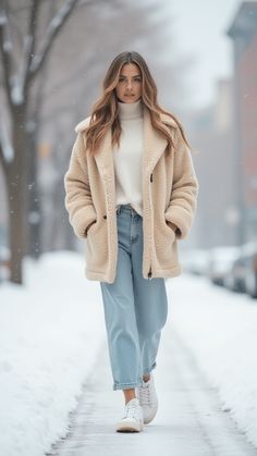 White Sherpa Jacket Outfit, Winter Midi Skirt Outfit, Cashmere Lounge Set, Church Outfit Winter, Comfy Outfits Winter, Thick Tights, Winter Outfits For School, Mom Jeans Outfit, Comfy Winter