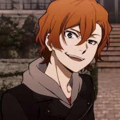 an anime character with red hair standing in front of some stairs and brick steps, looking at the camera