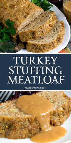 turkey stuffing meatloaf on a white plate with gravy