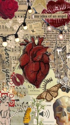 an altered collage with many different things on it, including a heart and flowers