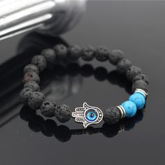 PINIYA Men\\\\'s Bead Bracelets Lava,Howlite Stone Stretch Hand Of Fatima Hamsa Hand Charm Bracelet Guy Bracelets, Evil Eye Stone, Lava Rock Bracelet, Bracelet Evil Eye, Hamsa Bracelet, Lava Stone Bracelet, Howlite Stone, Black Onyx Stone, Hand Of Fatima