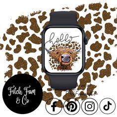 a watch with an image of a cow on it's face and the words hello written