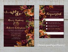 wedding suite with burgundy and gold florals on wooden planks, save the date cards