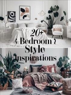 two bedroom styles with the words 20 bedroom style inspirations written in black and white