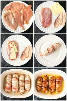 different types of meats and cheeses on paper plates with text overlay that says how to make bacon wrapped sandwiches