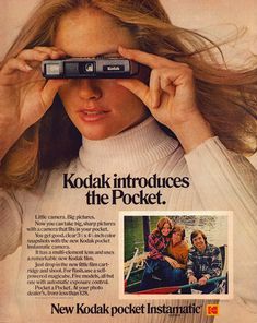 an advertisement for kodak's pocket camera with a woman looking through the lens