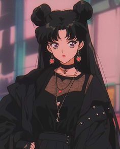 an anime character with long black hair and big ears, wearing a black outfit while standing in front of a building