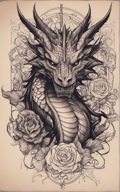 a drawing of a dragon with roses on it's chest and head in the center