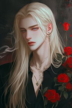 a digital painting of a blonde haired woman with long hair and piercings next to red roses