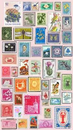 many different postage stamps are arranged in the shape of a square, with birds and flowers on