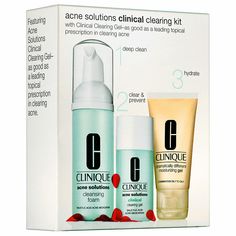 Clinique Solutions Clinical Clearing Kit New in Box 3 Piece Acne Clearing System A set of acne fighters for clearer, soothed skin. SET INCLUDES: Acne Solutions Cleansing Foam, 1.7-oz. Acne Solutions Clinical Clearing Gel, 0.50-oz. Dramatically Different Oil-Free Gel, 1-oz. SKIN TYPES: Combination oily, oily WHAT IT DOES: Acne Solutions Cleansing Foam gently clears and helps prevent acne Acne Solutions Clinical Clearing Gel starts clearing up blemishes upon application Dramatically Different Oil- Best Clinique Products, Clinique Products, Clinique Acne, Acne Clearing, Clinique Acne Solutions, Salicylic Acid Acne, Acne Solutions, Clearer Skin, Cystic Acne