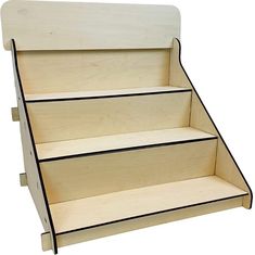 three tiered wooden shelf with black trim on the bottom and bottom section, for storing children's toys