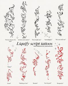 the different types of tattoos are shown in red and black ink on a white background