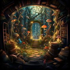 an image of a fantasy scene with books and mushrooms in the forest, surrounded by stairs