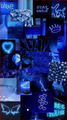 a collage of blue images with neon lights and hearts on them, all over the place