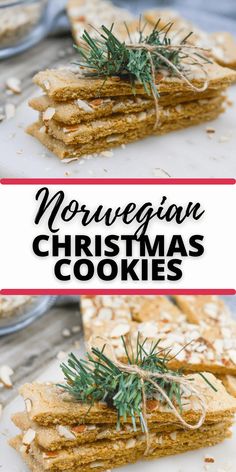 homemade christmas cookies with rosemary sprigs on top and the words, norwegian christmas cookies