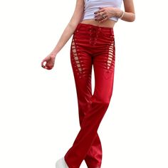 Faster shipping. Better service,Amazon,Tiktok,AliExpress,Shein Leather Pants With Black Top, White Leather Pants, Lace Up Trousers, Red Leather Pants, Leather Tights, Pu Leggings, Lace Up Leggings, Lace Pants, Leggings Casual