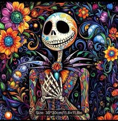 a painting of a skeleton with flowers in the background