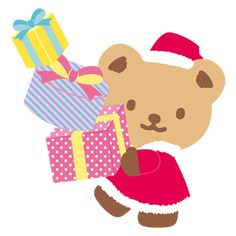 a brown teddy bear carrying many presents