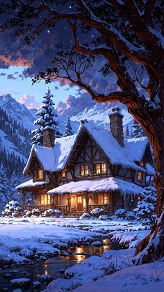 a painting of a house in the snow by a lake at night with lights on