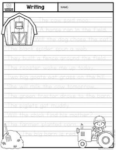 handwriting worksheet for kids with farm animals and barnyards on the page