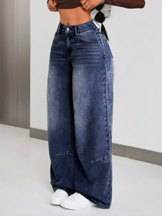 Women's Comfortable And Versatile Loose-Fit Jeans With Button Pockets, Belt Loops Dark Wash Casual   Denim Plain Wide Leg Non-Stretch  Women Clothing, size features are:Bust: ,Length: ,Sleeve Length: Fancy Pants Outfit, Casual Denim Jeans, Moda Denim, Shein Icon, Trendy Outfits For Teens, Cute Pants, Quick Outfits, Classy Casual Outfits, Easy Trendy Outfits