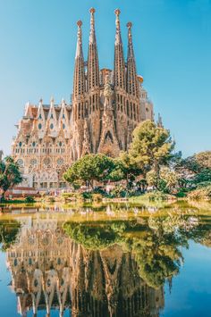 the famous saffront cathedral in barcelona, spain is reflected in the water