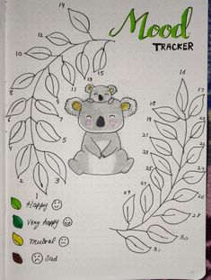 a notebook with a drawing of a koala bear on it's cover and the words mood tracker written in cursive writing