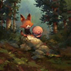 a painting of two foxes and a baby fox sitting on a rock in the woods