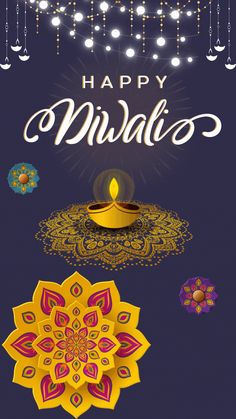 happy diwali greeting card with colorful decorations and lights on the dark blue background