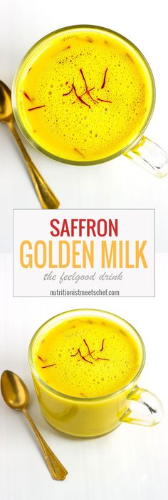 saffron golden milk in a bowl with spoons