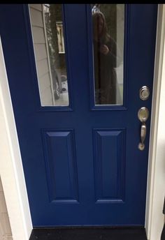 a blue front door with a black dog in the reflection