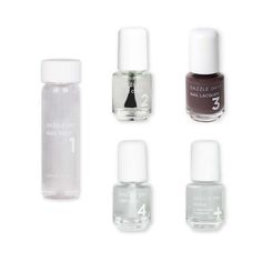 five nail polishes in different shapes and sizes