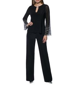 Marina Keyhole Rhinestone Neck Beaded Bell Long Sleeve Matte Jersey 2-Piece Pant Set | Dillard's Pantsuits For Women Wedding, Mother Of The Bride Pants Outfit, Pant Suits For Women Wedding, Womens Dressy Pants, Wedding Guest Pants, Evening Pant Suits, Bride Pantsuit, Mother Of The Bride Trouser Suits, Dressy Pants Outfits