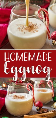 homemade eggnog in glasses with candy canes